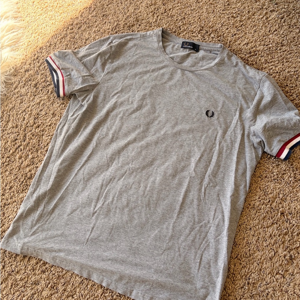 Fred Perry Light Gray Men's Tee with Striped Sleeves